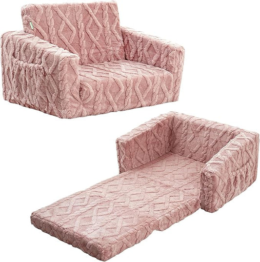Kids Sofa, Toddler Chair, 2-in-1 Flannel Kids Fold Out Couch, Toddler Convertible Sofa to Lounger, Flip Open Toddler Couch for Kids (Pink)