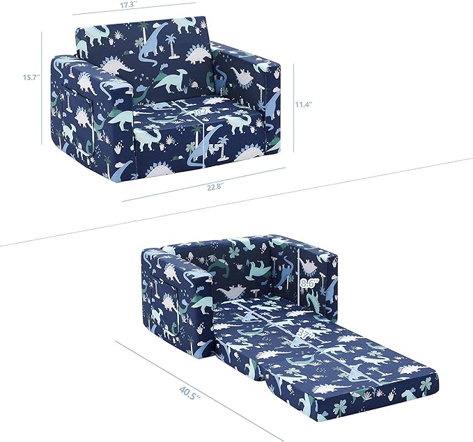 Ulax furniture Children Sofa Chair for Reading, Kids FILP-Out Polyurethane Chair, Lightweight, Convertible Sofa to Sleeper Couch (Navy Dinosaur)