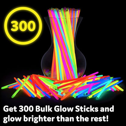 PartySticks Glow Sticks Jewelry Bulk Party Favors 300pk and Connectors - 8" Glow in The Dark Party Supplies, Neon Party Glow Necklaces and Glow Bracelets for Kids and Adults