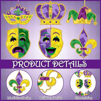 24 Sets Mardi Gras Craft Kits Tissue Paper DIY Crown Mask Fleur De Lis Hanging Ornaments Purple Green Yellow Glitter Art Decoration for Mardi Gras Masquerade Carnival Party Decoration