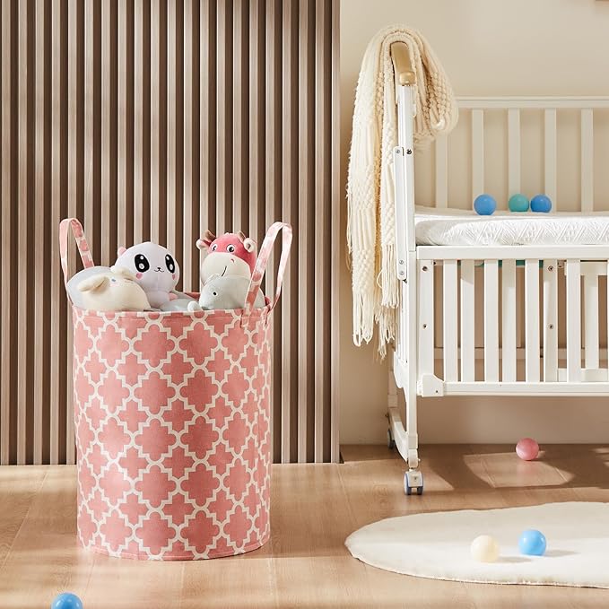 TECHMILLY 63L Large Laundry Basket with Long Handles, Collapsible Kids Laundry Hamper, Toy Storage Basket for Nursery, Bedroom Decor for Baby Girls and Boys (Pink Lattice)