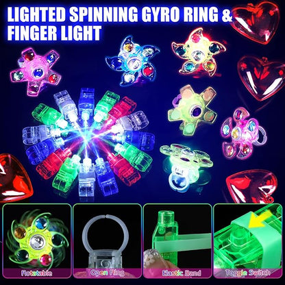 162PCS Glow in the Dark Party Supplies, Light Up Party Favors with 14 LED Glasses,14 Fiber Optic Wands, 6 Gyro Rings, 28 Finger Lights,100 Glow Sticks for Kids Adults Neon Party Decorations