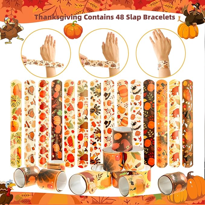 48Pcs Thanksgiving Slap Bracelets Thanksgiving Party Favors for Kids Thanksgiving Gifts for Kids Autumn Maple Leaf Turkey Pumpkin Slap Bracelets for Fall Party Favors Decorations Classroom Prizes