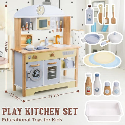 Kitchen Playset for Kids Ages 3-8, Wooden Pretend Play Kitchen with Cooking Accessories, Dimensions: 38” H x 31” W x 12” D