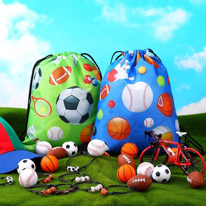 Panelee 16 Sets Sports Party Favors Supplies Include 16 Pcs Balls Drawstring Bags String Backpack 16pcs Sport Theme Charm Bracelets 16 Pcs Mini Foam Sports Balls for Sports Birthday Party Supplies