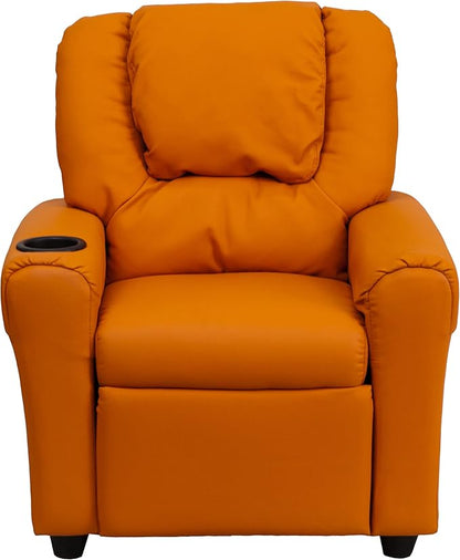 Flash Furniture Vana Vinyl Kids Recliner with Cup Holder, Headrest, and Safety Recline, Contemporary Reclining Chair for Kids, Supports up to 90 lbs., Orange