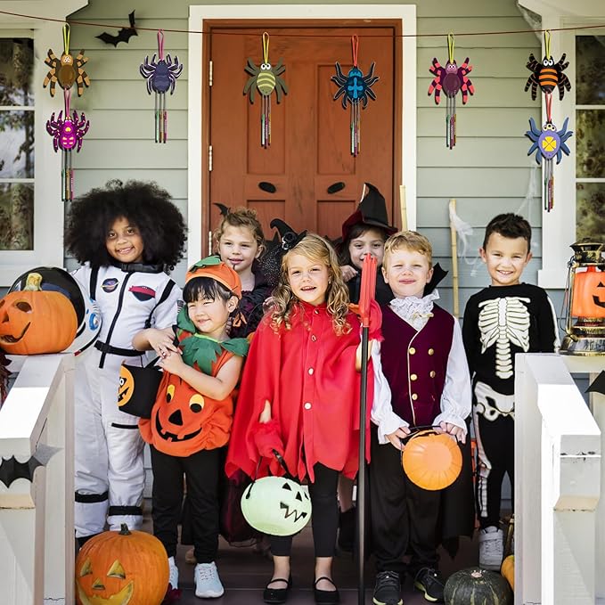 Fennoral 9 Pack Spider Wind Chime Kit for Kids Make You Own Spider Wind Chimes Wooden Arts and Crafts for Girls Boys DIY Coloring Halloween Hanging Ornaments Craft Activity Halloween Party Decorations