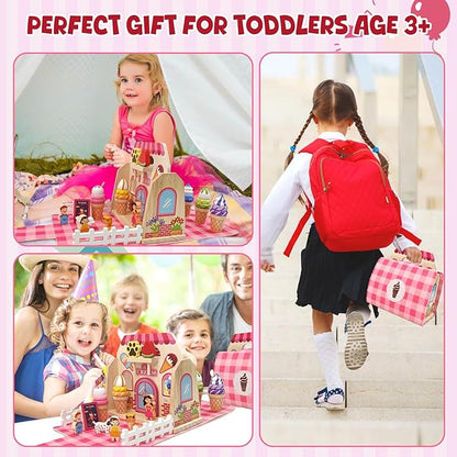 Wooden Ice Cream Shop Set with Handbag, 39 Pcs Pretend Play Food Toys for Kids, Montessori Kitchen Playset Accessories for Toddlers Girls Boys 3 4 5