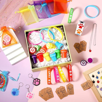 85 Pieces Dog Paw Party Favors Set Dog Paw Print Party Supplies with Paw Print Silicone Bracelet Stamper Sticker Keychain Pendant Chain Organza Bag and Thank You Tag for Girl Kid Boy Party Birthday