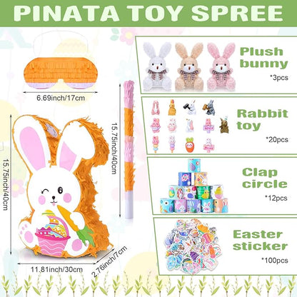 139 Pcs Easter Bunny Pinata Set for Birthday Party Pinata Egg Easter Decoration Party Fiesta Games Supplies Easter Props with Blindfold Toy and Baton Kids Animal Favors Gifts for Boys Girls
