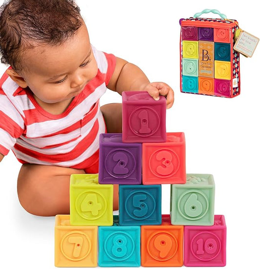 B. toys- B. baby – Baby Blocks – Stacking & Building Toys For Babies – 10 Soft Blocks With Numbers, Shapes, Animals – Educational & Developmental – 6 Months + – One Two Squeeze