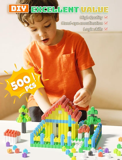 Building Blocks Construction Toy Set 500Pcs Interlocking Plastic STEM Building Toys for Kids Age 4-8,Creativity Preschool Toy for Brain Development & Hands-On Ability Improvement Toy for Boys & Girls