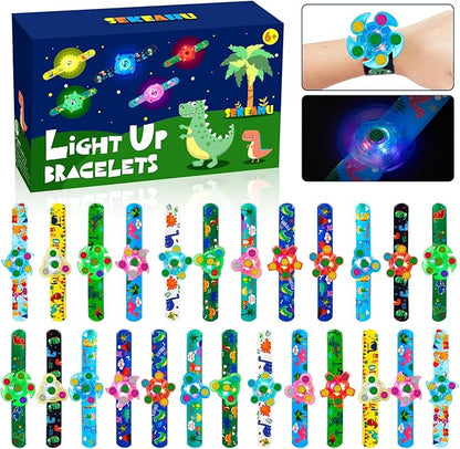 SEKEAHU 25 PCS Light Up Fidget Rotating Toy + 25PCS Slap Bracelets, Dinosaur Valentines Party Favors Stocking Stuffers for Kids 4-8-12 Goodie Bag Stuffers Glow in The Dark Supplies Gifts