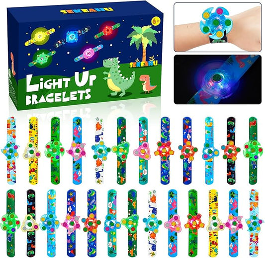 SEKEAHU 25 PCS Light Up Fidget Rotating Toy + 25PCS Slap Bracelets, Dinosaur Valentines Party Favors Stocking Stuffers for Kids 4-8-12 Goodie Bag Stuffers Glow in The Dark Supplies Gifts