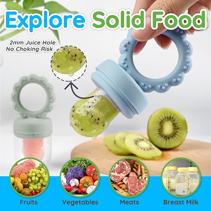 Baby Fruit Food Feeder & Mini Popsicle Ice Tray Set, BPA Free Silicone Baby Feeder for Safe Solid Food Feeding, Breastmilk Popsicle Molds for Cooling Relief, 4 Month+ (Spring)