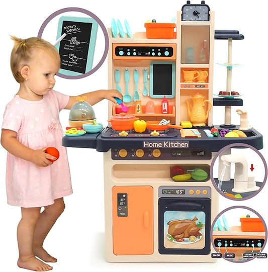 Kids' Play Kitchen Set, 65-Piece Toy Set for Toddlers, 27.95 x 11.22 x 36.81 Inch, with Functional Faucet, Realistic Steam Effects, Lights and Sounds (Blue)