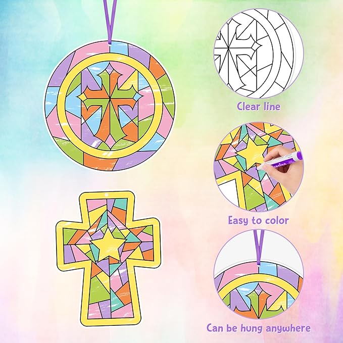 BeYumi Coloring Cross Craft Kit - 83Pcs Easter Color Your Own Cross Kit for Kids Sunday School Christian Religious DIY Craft Coloring Geometric Ornament Card Classroom Church Party Art Activities