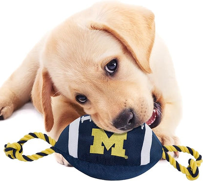 Pets First NCAA Michigan Wolverines Football Dog Toy, Tough Quality Nylon Materials, Strong Pull Ropes, Inner Squeaker, Collegiate Team Color, 1 Count (Pack of 1)