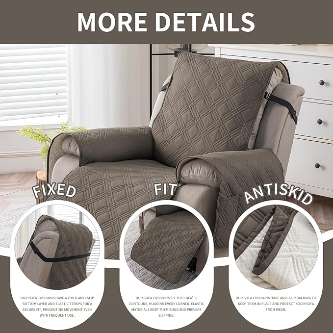 Easehomey 100% Waterproof Recliner Chair Covers, Non Slip Oversized Reclining Cover, Cover Furniture Protector Washable Chair Cover with Pocket,Elastic Straps for Kids,Pets,Dogs(Taupe,28")