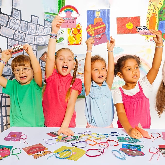 32Pack Valentines Day Gifts for Kids Classroom, Valentines Cards with Friendship Bracelets Goodie Bag, Girls Boys Students Valentine Greeting Cards Bracelets School Prizes Exchange Gifts Party Favors