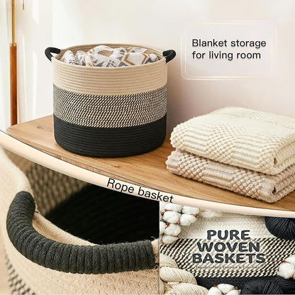 Artfeel 70L Large Cotton Rope Basket, Decorative Woven Blanket Storage for Living Room, Boho Toy Storage & Toy Box for Kids, Versatile Laundry Basket & Nursery Hamper for Blankets(BlackBrown)