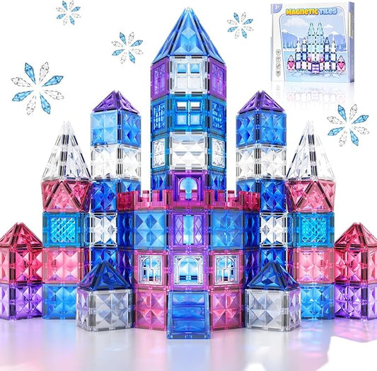 Magnetic Tiles Frozen Toys, Ice World Dimond Princess Castle 60Pcs Magnet Tile Building Blocks for Toddler Age 1-3,3-5, Pretend STEM Learning, for Kid Girls Boys 3 4 5 6