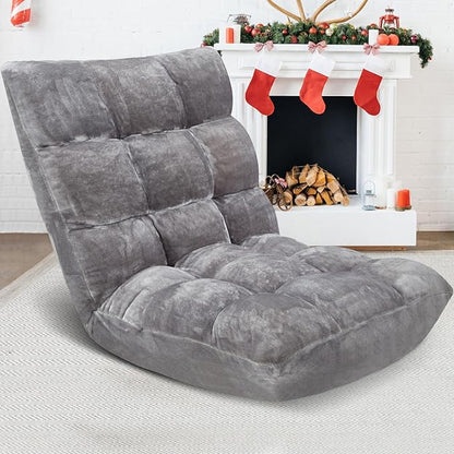 Folding Floor Chair 14-Position Cushioned Adjustable Floor Lazy Sofa Chair w/Breathable Cotton & Skin-Friendly Flannel for Adults & Kids Ideal for Reading Meditating, Grey