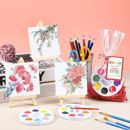 Wonderjune 146 Pcs Valentine's Day Mini Watercolor Paint Set with Easel, Valentines Gift Watercolor Painting Bulk 8 Colors Watercolor Paints with Cards for Party Art Supplies Beginner Painting