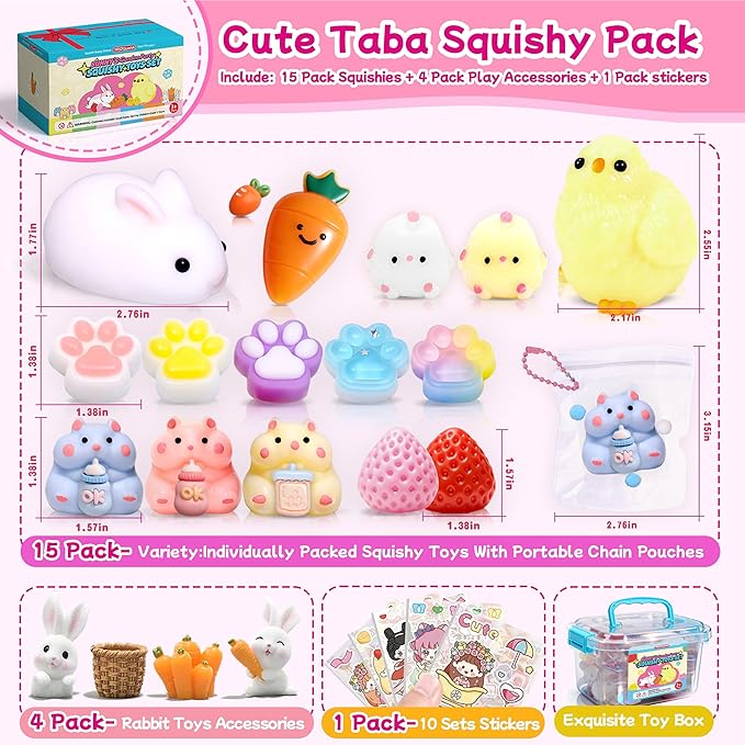 20Pcs Taba Squishy Toys kit With Toy Box- Kawaii Taba Squishies Stress Relief Toys for Kids- Squishy Fidget Squeeze Toys for Girls 8-10-6 7 8 9 10 11 12 Year Old Girl Birthday Gift-Kids Toys Girls 6-8