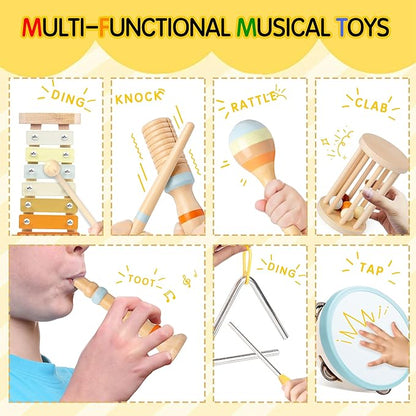 Baby Musical Instruments, Montessori Wooden Toys for Toddlers, Premium Wooden Musical Instrument Set for Kids Preschool Educational, Fun Musical Instruments for Children