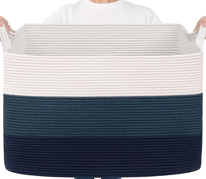 Goodpick 105L Extra Large Woven Basket 25" x 16" x 16" Cotton Rope Storage Baskets for Organizing, Rectangle Blanket Basket Living Room, Toy Storage Baskets for Kids, Blue