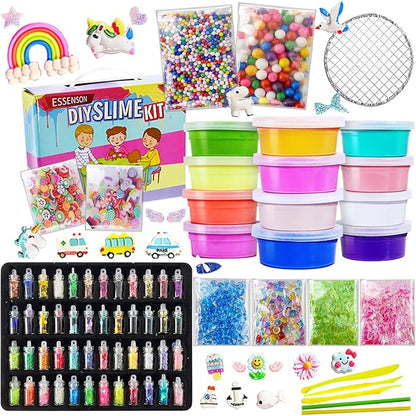 ESSENSON Slime Making Kit - Slime Supplies for Girls & Boys, Crystal Clear Slime, Glitter, Charms, Fishbowl Beads - Kids Art Craft Toys Gifts Age 3+