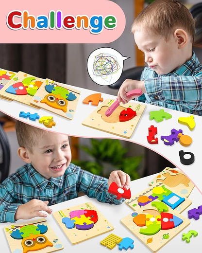Yetonamr Wooden Toddler Puzzles Gifts Toys for 1 2 3 Years Old Boys Girls, 12 Vehicle Shape Montessori Toys Educational Blocks Kids Toys Gift Baby Learning Toy Age 1-3, 2-4