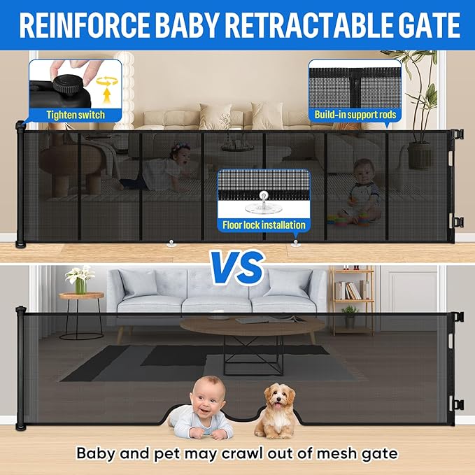 34X120” Extra Wide Safety Retractable Baby Gate, Extra Wide Safety Kids or Pets Gate, 34” Tall, Extends to 120” Extra Wide, Built-in Reinforce Strip Mesh Safety Dog Gate for Stairs (34”X120”, Black)