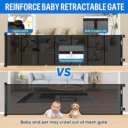 34X120” Extra Wide Safety Retractable Baby Gate, Extra Wide Safety Kids or Pets Gate, 34” Tall, Extends to 120” Extra Wide, Built-in Reinforce Strip Mesh Safety Dog Gate for Stairs (34”X120”, Black)