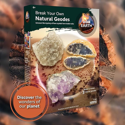 BBC Earth Break Your Own Natural Geodes, Open 3 Natural Geodes – Amethyst Flower, Agate & More, Detailed Learning Guide, Great Learning & Education Toys, Geodes for Kids to Break Open, STEM Kits