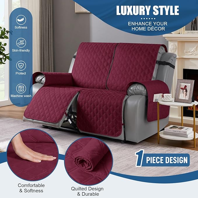 TAOCOCO 100% Waterproof Recliner Covers, Recliner Sofa Covers with Leg Straps, Reversible Recliner Couch Cover for Reclining Chair, Washable Couch Protector for Pets Kids(2 Seater, Wine)