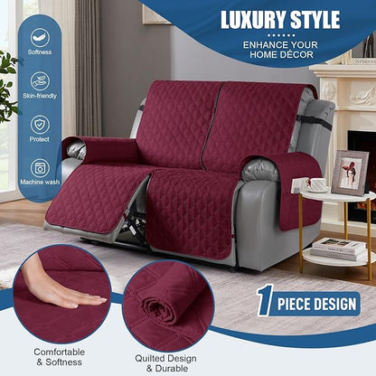 TAOCOCO 100% Waterproof Recliner Covers, Recliner Sofa Covers with Leg Straps, Reversible Recliner Couch Cover for Reclining Chair, Washable Couch Protector for Pets Kids(2 Seater, Wine)