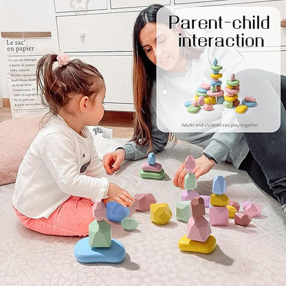 OESSUF 34PCs Stacking Rocks Balancing Stacking Stones Wooden Stacking Toys Wooden Stone Stacking Game for Toddler Wood Sorting Montessori Stacking Rocks for Kids