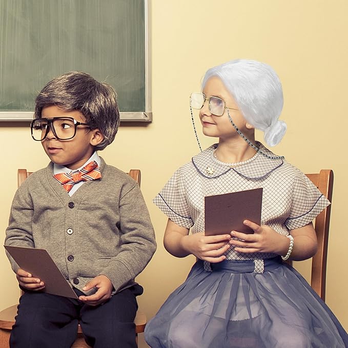 100th Day of School Costume, Old Lady Cosplay White Bun Wig Glasses Wig Cap Pearl Necklace Bracelet Props for Kids Girls