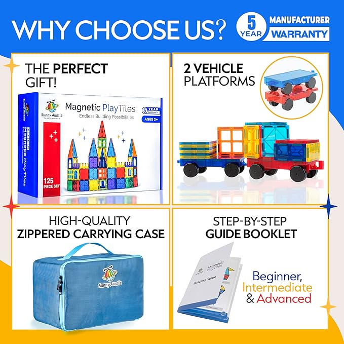 Magnetic Tiles 125 PCS+ Bonus Zippered CASE, Magnetic Tiles for Kids Toy for 3 4 5 6 7 8 Year Old Boys & Girls, Magnetic Tiles Building Set, Great Gift for Kids Aged 3-8, XL Set