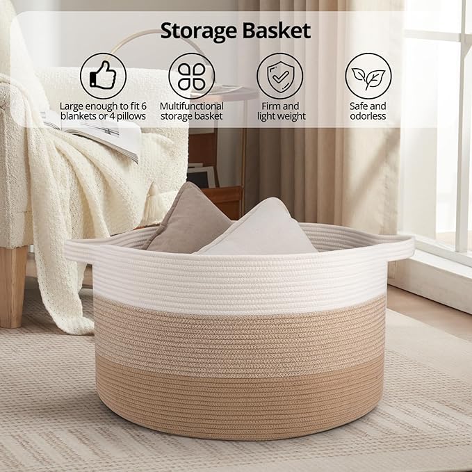 OIAHOMY 90L Blanket Basket for Living Room, Large Basket 23" x 23" x 13" with Handle, Laundry Hamper for Blankets, Pillows, Toy Storage for Kids, Dogs - Gardient Light Brown