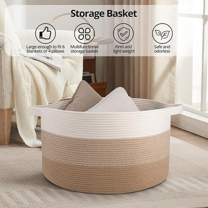 OIAHOMY 90L Blanket Basket for Living Room, Large Basket 23" x 23" x 13" with Handle, Laundry Hamper for Blankets, Pillows, Toy Storage for Kids, Dogs - Gardient Light Brown