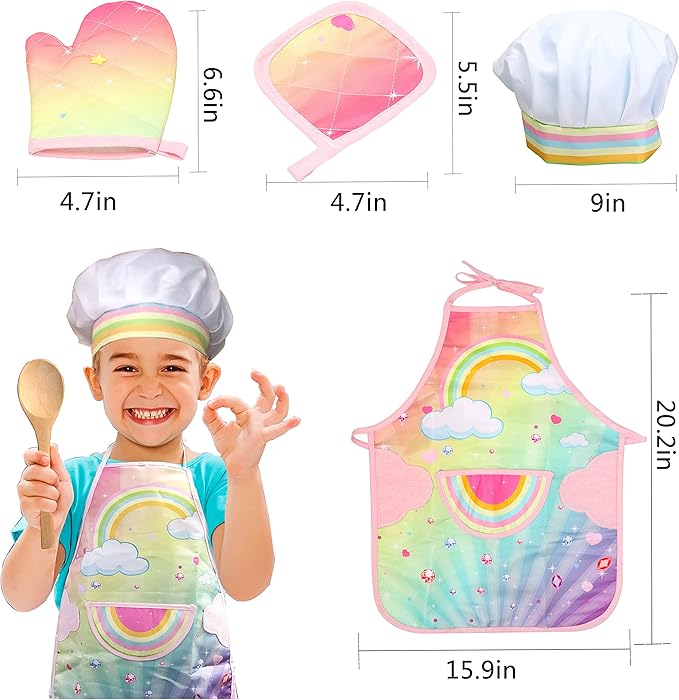 Real Kids Cooking and Baking Set - 26 Pcs Kids Chef Role Play Costume Set Includes Rainbow Apron, Chef Hat, Cooking Mitt, Utensils, Cupcake Molds for Toddler Boys and Girls Ages 3+
