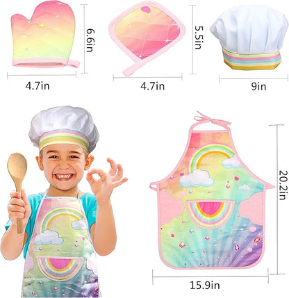 Real Kids Cooking and Baking Set - 26 Pcs Kids Chef Role Play Costume Set Includes Rainbow Apron, Chef Hat, Cooking Mitt, Utensils, Cupcake Molds for Toddler Boys and Girls Ages 3+