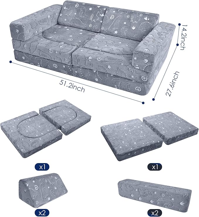 MeMoreCool 10-Piece Kids Couch, Modular Kids Sofa for Playroom, Fold Out Play Couch for Girl Boy, Glow Dino