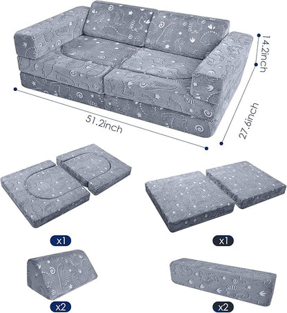MeMoreCool 10-Piece Kids Couch, Modular Kids Sofa for Playroom, Fold Out Play Couch for Girl Boy, Glow Dino
