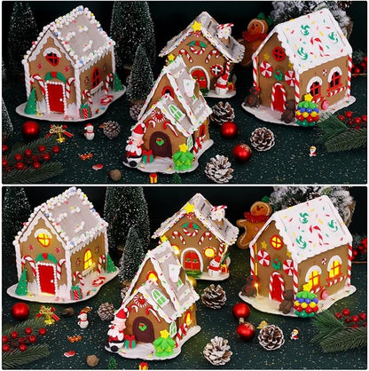 Fovths 4 Sets Clay Christmas Gingerbread House Kit with Lights Craft Cardboard Gingerbread House DIY Christmas Decorations Holiday Activity Arts and Crafts for Christmas Party Supplies Decoration
