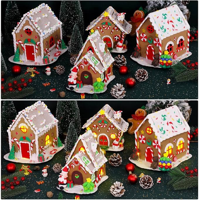 Fovths 4 Sets Clay Christmas Gingerbread House Kit with Lights Craft Cardboard Gingerbread House DIY Christmas Decorations Holiday Activity Arts and Crafts for Christmas Party Supplies Decoration