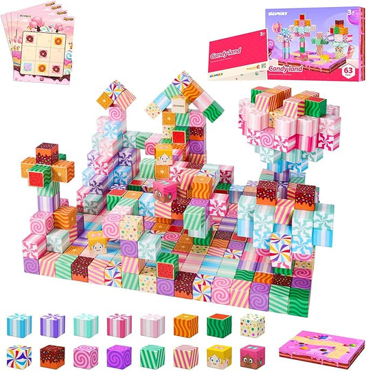 Magnetic Blocks Candy Land Edtion, Magnetic Tiles Building Blocks Boys & Girls Toys Age 3-5 4-8 5-7 Sensory Gift for Kids，Magnets Cubes，Upgraded STEM Gift 1.2 Inches